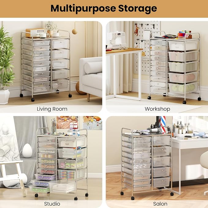Giantex 15 Drawer Rolling Cart with Drawers, Storage Organizer Cart for Classroom Office School Teacher, Mobile Drawer Cart for Tools, Crafts, Small Printer, Clear - Image 8