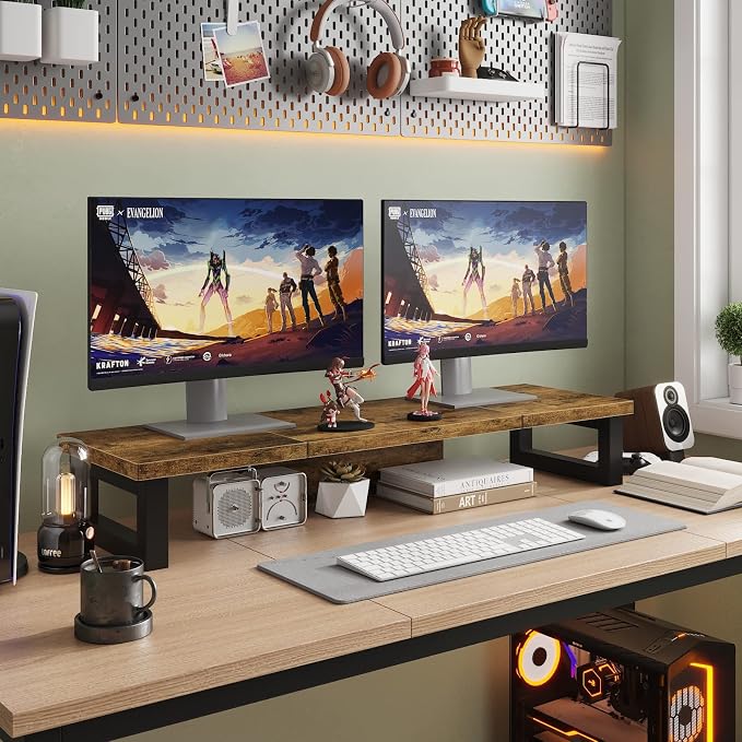 WESTREE Dual Monitor Stand Riser, Wood and Steel Monitor Stand Riser, Computer Monitor Stand for 2 Monitors, Multi-Purpose Desktop Storage Stand for Computer,Laptop,Printer,TV - Image 5