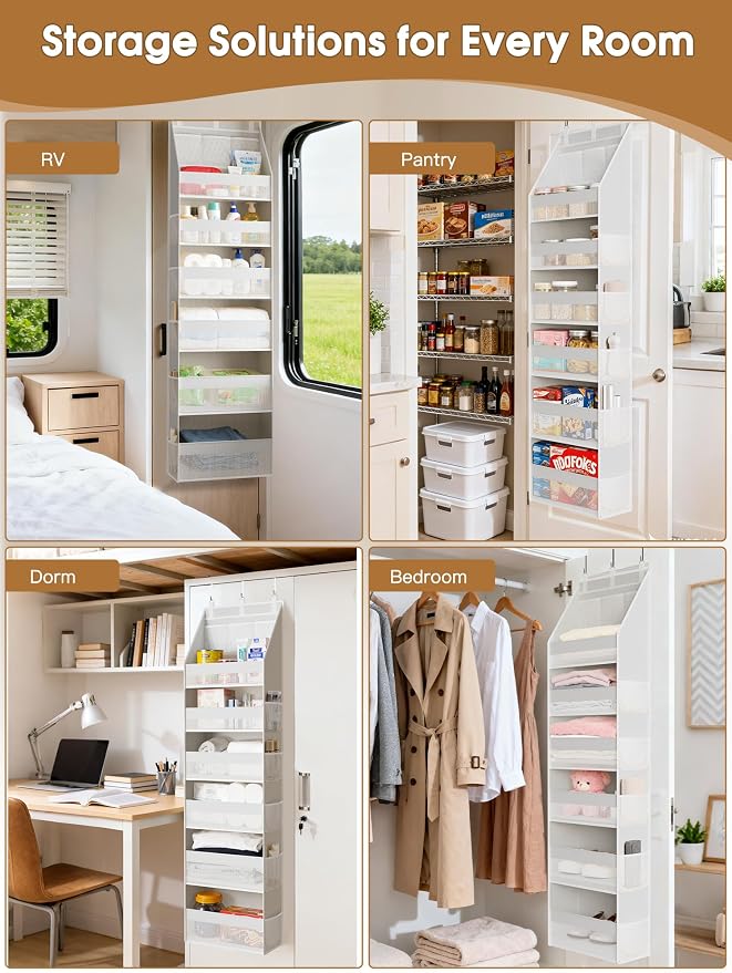 2 Pack Over the Door Organizer, Heavy-Duty 6-Shelf Hanging Storage with 13 Mesh Pockets, 55lbs Capacity Behind the Door Storage for Nursery, Bathroom, Bedroom, and Dorm, White - Image 7