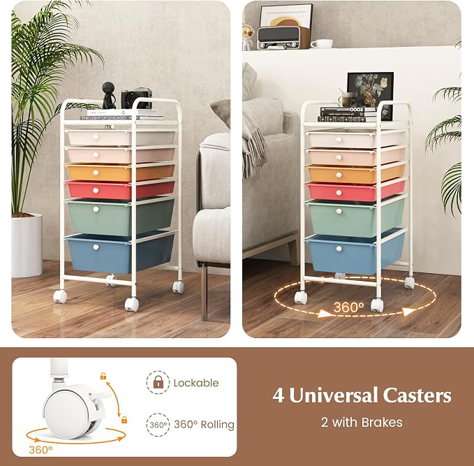 COSTWAY 6-Drawer Rolling Storage Cart, Art Craft Tools Organizer on Wheels | Multifunctional Heavy Duty Utility Mobile Storage Trolley w/ 2 Lockable Wheels for Home Office School (Macaron) - Image 4