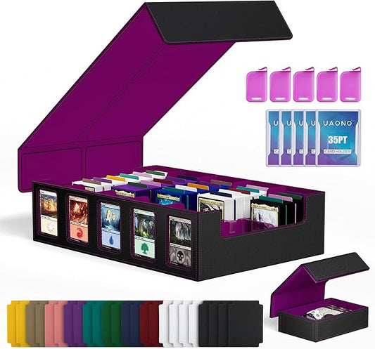 UAONO 5-Row Trading Card Storage Box with Commander Display, Black Purple | 3900+ Card Box with Removable Cover, Card Case Fits MTG TCG Sports Cards, 48 Dividers, 5 Stoppers, 5 Top Loaders, Dice Box by UAONO