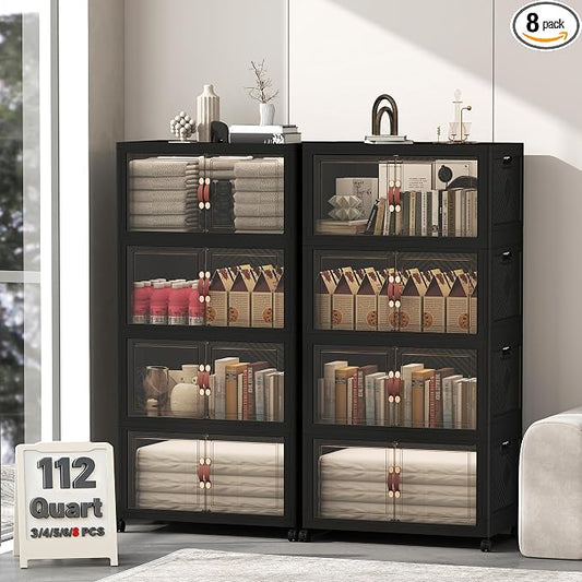 896QT Lockable Plastic Storage Bins, 8 Pack Collapsible Cabinets | Stackable Organizer with Doors & Wheels, Foldable Containers for Bedroom, Dorm, Office & Garage Storage by UAMFURIDirect