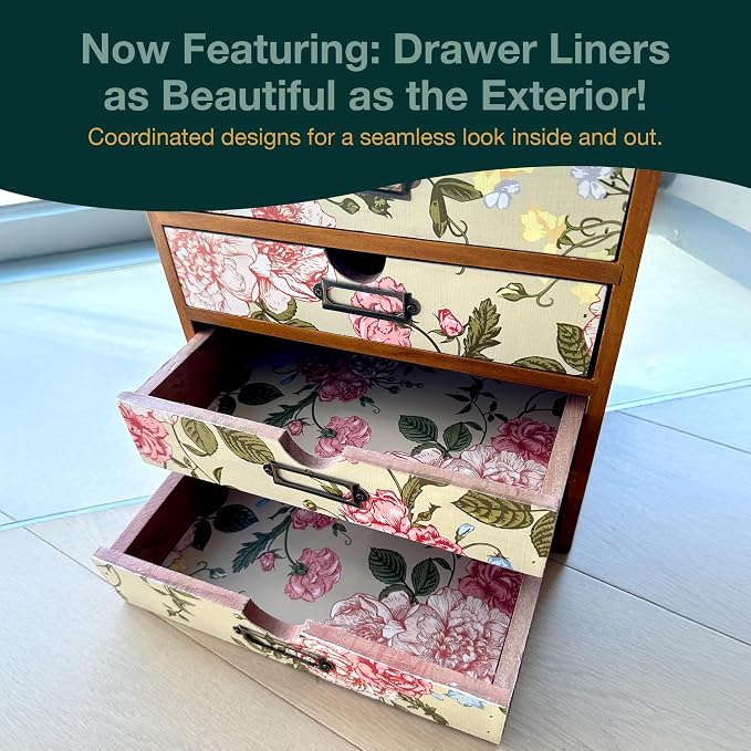 4-Drawer Vintage Desk Organizer with Jacobean Pattern Pastel Flowers Curio Drawer Dresser, Closet, Tabletop - Embroidery Reel Shelf Wood Desktop Organizing Cabinet - Victorian Floral Design - Image 3