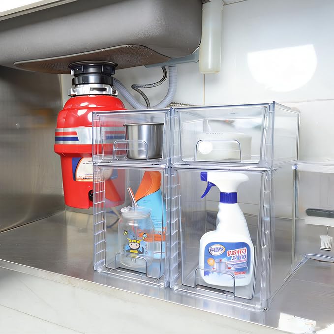 Medium Clear Stackable Storage Drawers (4 Pack), High-strength Acrylic Organizer Bins with Handles, Plastic Drawers for Fridge Bathroom Cabinet Closet Undersink Pantry Kitchen Makeup Storage - Image 8