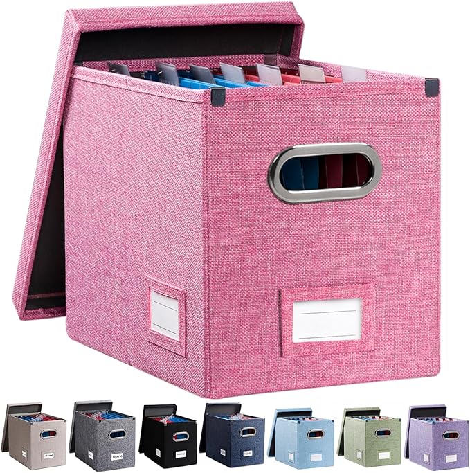 File Organizer Box - Set of 1 Collapsible Decorative Linen Filing Storage Hanging File Folders with Lids Office Cabinet Letter Size Pink (14x9.3x10.8 inch) by Prandom