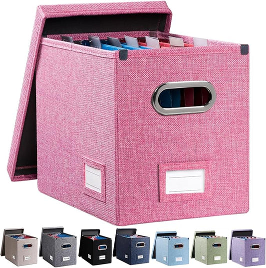 File Organizer Box - Set of 1 Collapsible Decorative Linen Filing Storage Hanging File Folders with Lids Office Cabinet Letter Size Pink (14x9.3x10.8 inch) by Prandom