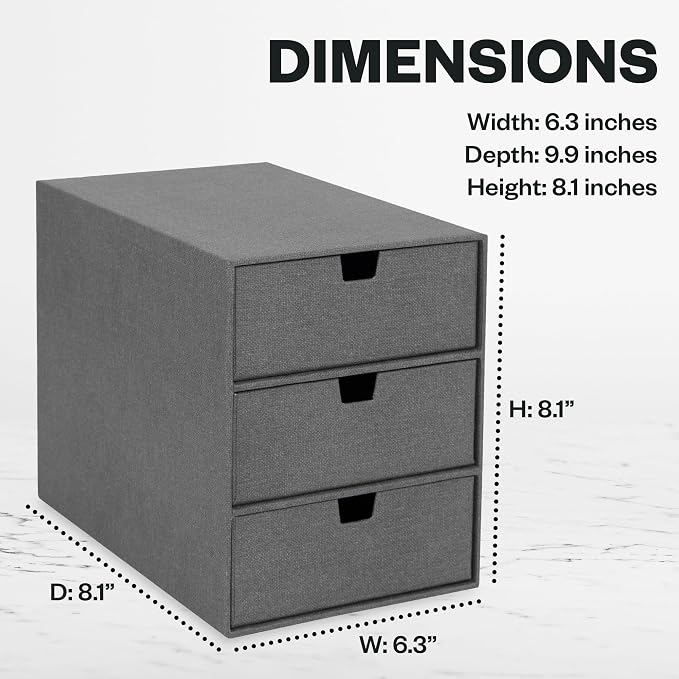 Bigso Box of Sweden Ingrid 3-Drawer Canvas Fiberboard Desk Organizer for Office Supplies and Accessories - Stackable Makeup Drawer Organizer - 6.3in x 9.9in x 8.1in - Grey (Pack of 2) - Image 2