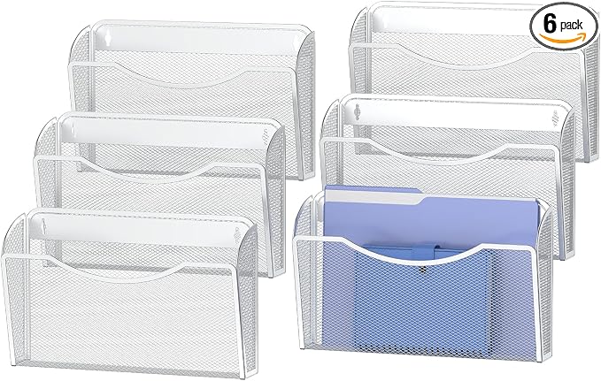 MINDEPOT Wall File Organizer, Hanging Wall File Holder, 6 Pack, Silver | Heavy Duty Iron, Metal Mesh Wall Mount, Single Pocket, Mail Organizer, for Office School Classroom Home, Letter A4 Size by MINDEPOT