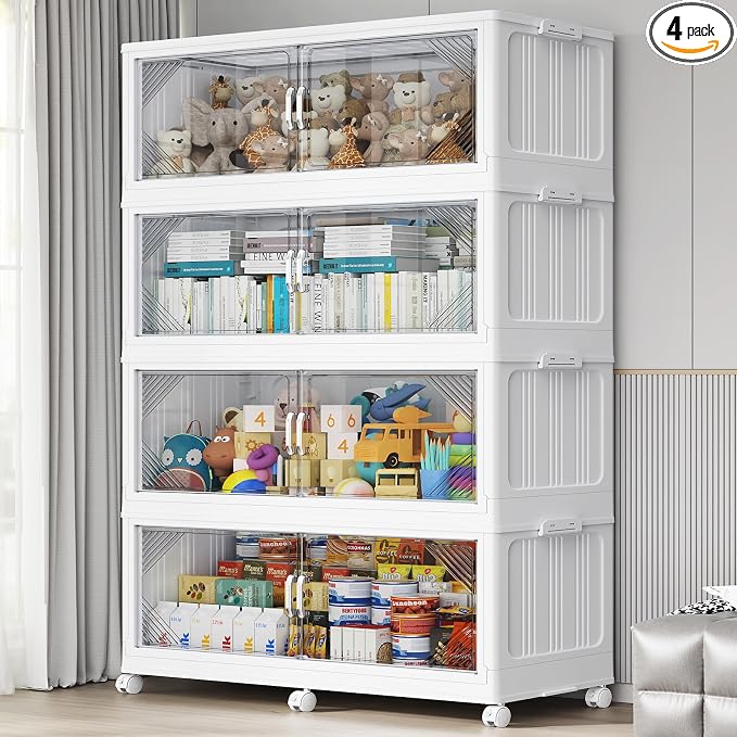 BROVIEW V60 880QT Plastic Stackable Storage Bins with Lid, 4Pack White | 220Gal Extra Large Closet Organizers Collapsible Cabinets Boxes With Drawer, Foldable Container with 6x Wheels for Home by BROVIEW-EnjoytheArtofLife