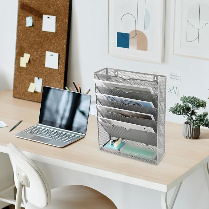6 Tier Mesh Hanging Wall File Organizer, Desk Vertical Mail Paper Document Folder Holder Rack with Bottom Tray and Nametag Label for Office Home School, Gray - Image 7