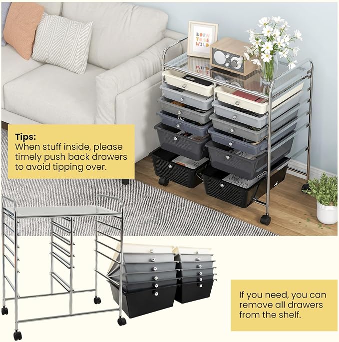 COSTWAY 12-Drawer Rolling Storage Cart, Moveable Art Craft Organizer | Lockable Wheels, Metal Shelf, Files Arrangement Tools Makeup Storage Cart for Office, Home, School (Mixed Black) - Image 6