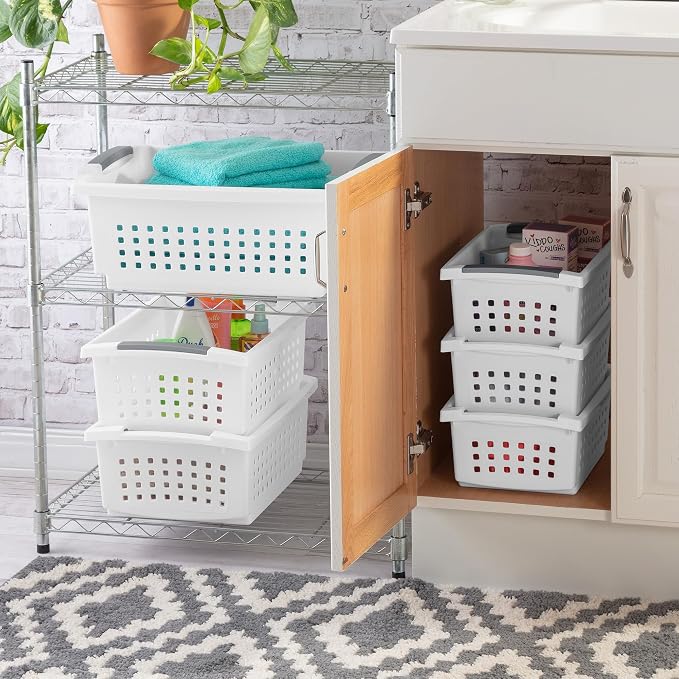 Sterilite 12 Pack Large Stacking Basket, Open Top Storage Bin with Handles, White - Ideal for Home Closets, Kitchens, or Office Organization - Image 7