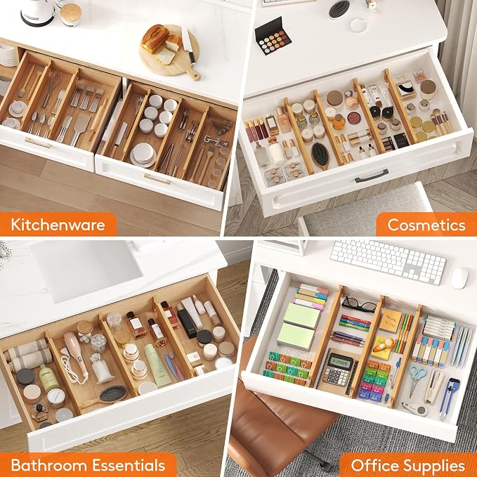 Lifewit 4" High 8 Pack Bamboo Drawer Dividers 43-54cm/17-21.5" Adjustable Wooden Drawer Organizer for Clothes/Utensils, Expandable Drawer Separator for Dresser/Kitchen/Bedroom/Office Organization - Image 7
