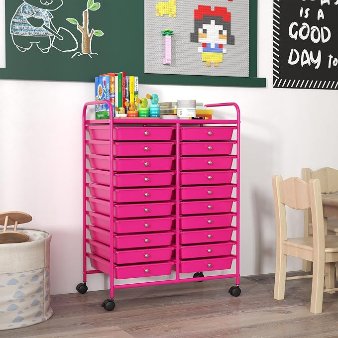 GOFLAME 20-Drawer Rolling Storage Cart, Multifunctional Art Craft Organizer Cart, Mobile Utility Storage Cart with Removable Drawers & Lockable Wheels, Craft Cart for Home Office, Hot Pink - Image 7