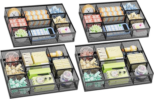 Marbrasse 2 Pack Desk Drawer Organizer, Mesh Drawer Organizer Tray with 8 Adjustable Compartments, Desk Organizers and Accessories, 5 Dividers Drawer for Office Supplies, Makeup & Vanity (Black-2P)