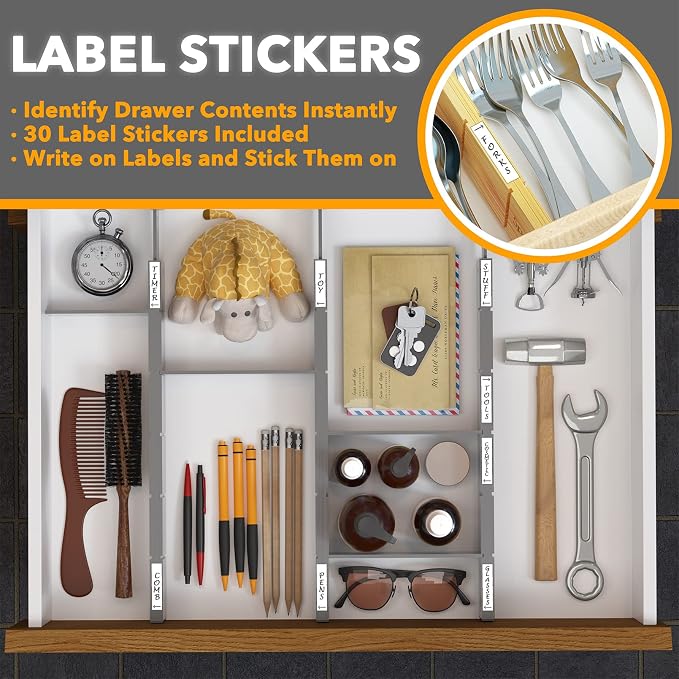 SpaceAid Bamboo Drawer Dividers with Inserts and Labels, Kitchen Adjustable Drawer Organizers, Expandable Organization for Home, Office, Dressers, 4 Dividers with 9 Inserts (17"-22" Gray) - Image 3