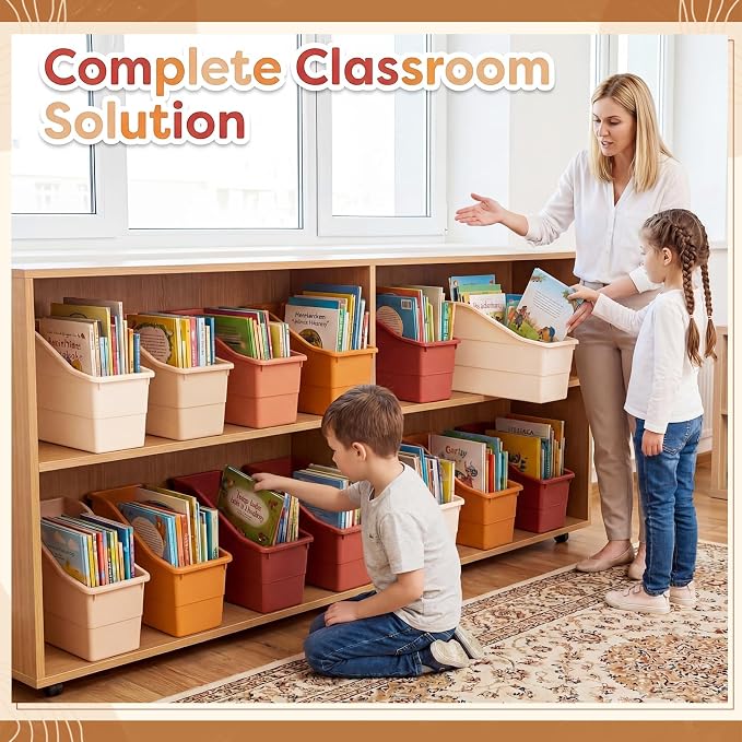 Blosssound 12 Set Book Bins for Classroom with Label Sticker Book Box Baskets Plastic Stackable Organizing Bins Storage & Organization for Classroom Library Home School Supplies (Earth Tones) - Image 6