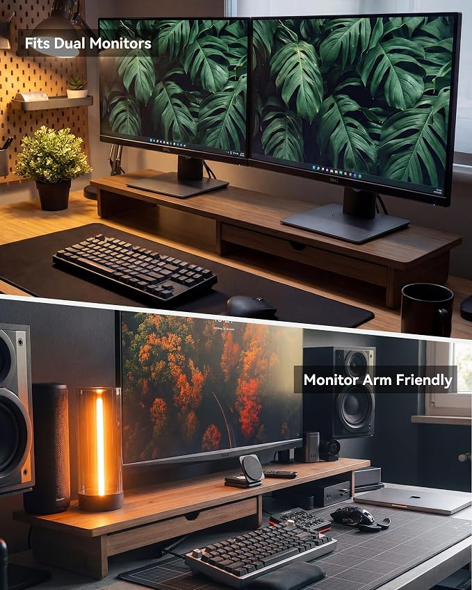 42” Monitor Stand with Large Drawer Keyboard Storage,Dark Bamboo | dual Computer monitor riser shelf for 55-72 inch desk aesthetic workplace computer setup desktop organizer easy assembly - Image 7