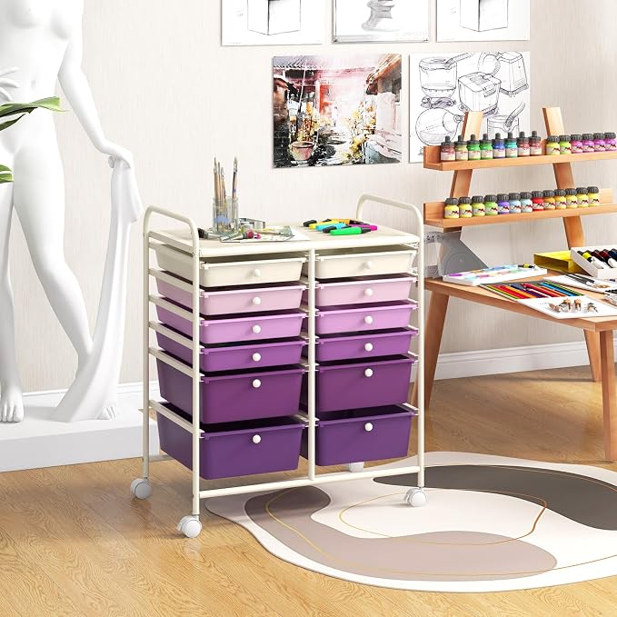 Moccha 12-Drawer Rolling Storage Cart - Utility Cart on Wheels with Lockable Casters for Craft Art Supply Paper Salon, Mobile Drawer Carts for Classroom Teacher School Office (Gradient Purple) - Image 8