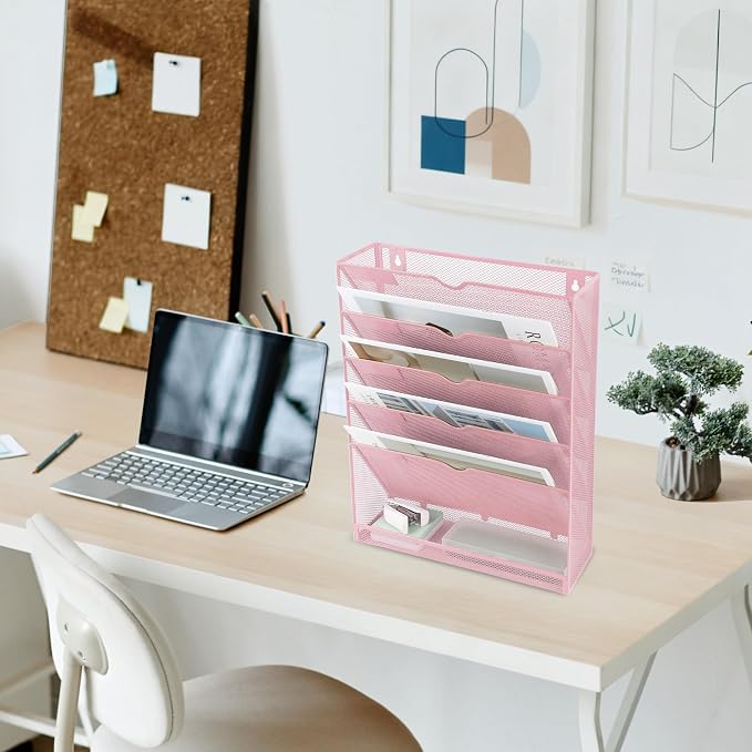 6 Tier Mesh Hanging Wall File Organizer, Desk Vertical Mail Paper Document Folder Holder Rack with Bottom Tray and Nametag Label for Office Home School, Pink - Image 7