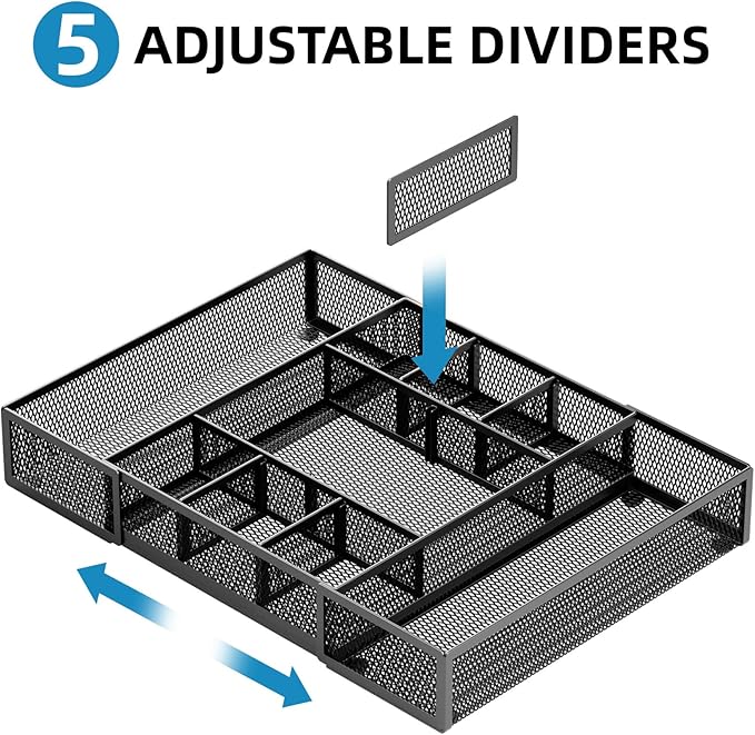 Marbrasse Expandable Desk Drawer Organizer, Mesh Drawer Organizer Tray with 10 Adjustable Compartments, Desk Organizers and Accessories, 5 Dividers Drawer for Office Supplies, Makeup & Vanity (Black) - Image 3