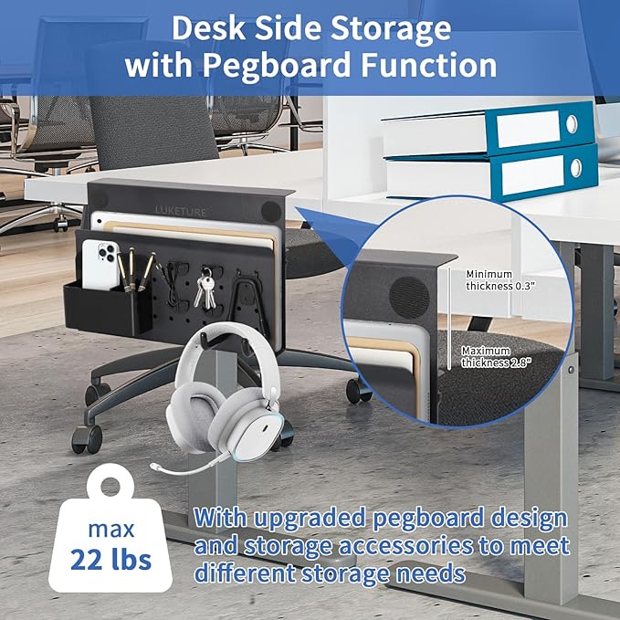 LUKETURE Desk Side Storage, No Drill Laptop Side Desk Mount, Steel Hanging Organizer, with Pegboard Accessories, Clamp on Laptop Holder for Office and Home, Fits Flat Edge Tables 0.3" to 2.8" - Image 2