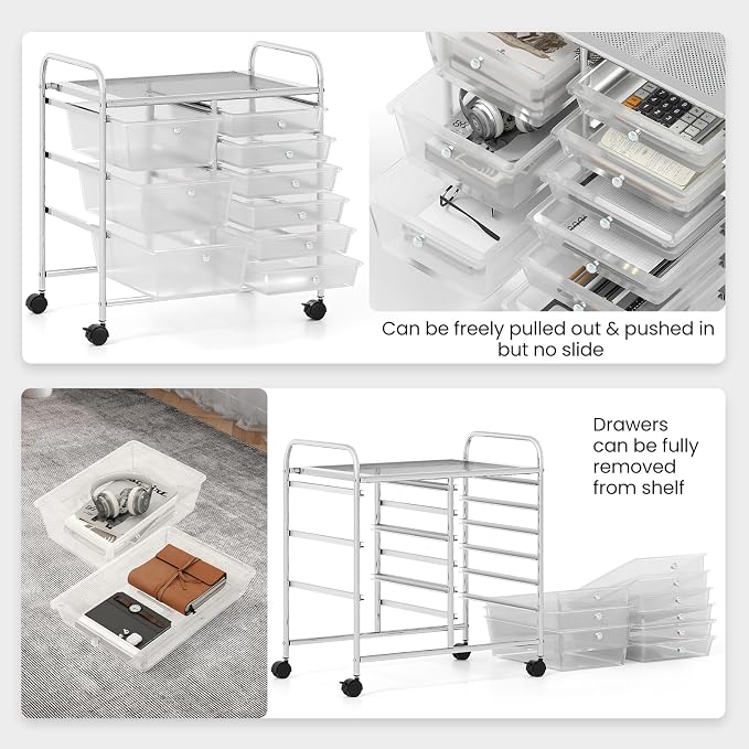 Moccha 9-Drawer Rolling Storage Cart - Under Desk Storage Drawers with wheels for Craft Art Supply Paper Salon, Scrapbook Paper Tools, Mobile Utility Cart for Classroom, Clear - Image 4