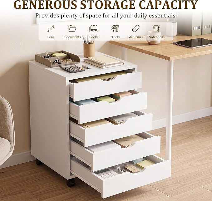 5 Drawer Rolling Storage Cabinet, Mobile File Cabinet for Office, White | Rolling Storage Cabinet with 5 Drawers for Desk Drawer Organization, Home Office Storage and Printer Stand - Image 5