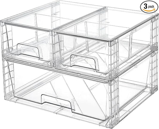 Vtopmart Clear Stackable Storage Drawers, 3 Pack Wide Organizer Set | Wide and Small Pull-Out PET Drawers with Stackable Design for Bathroom Organization, Cabinets, Closets, Pantry and Medicine by Vtopmart