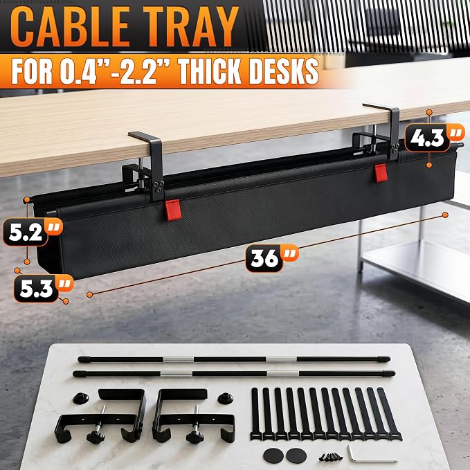 Under Desk Cable Management Tray 36" — No Drill Clamp-On Cord Organizer for Desk with Built-in Ties, Heavy Duty Metal Clamp, Foldable 600D Oxford Fabric for Home Office, WFH & Gaming PC Setup (Black) - Image 2