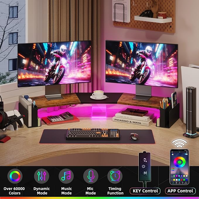 WESTREE Dual Monitor Stand Riser with Storage, Computer Monitor Riser with Adjustable Angle and LED, Desktop Monitor Stand Organizer for Computer, Laptop, Printer - Image 5