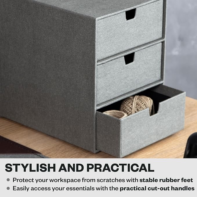 Bigso Box of Sweden Ingrid 3-Drawer Canvas Fiberboard Desk Organizer for Office Supplies and Accessories - Stackable Makeup Drawer Organizer - 6.3in x 9.9in x 8.1in - Grey (Pack of 2) - Image 6