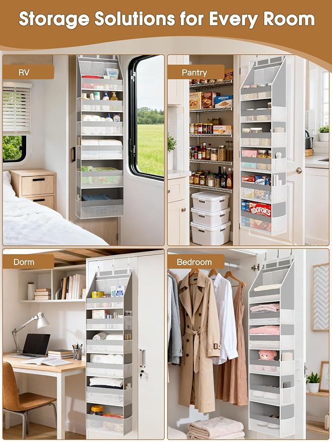 2 Pack Over The Door Organizer, Heavy-Duty 6-Shelf Hanging Storage with 13 Mesh Pockets, 55lbs Capacity Behind The Door Storage for Nursery, Bathroom, Bedroom, and Dorm, Grey - Image 7