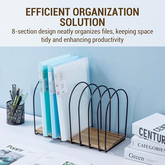 MyGift 14 Inch Large Desktop Document Holder, Premium Acacia Solid Wood and Black Metal Wire Arch 8 Section File Folder Storage Rack, Office Desk Organizer - Image 3