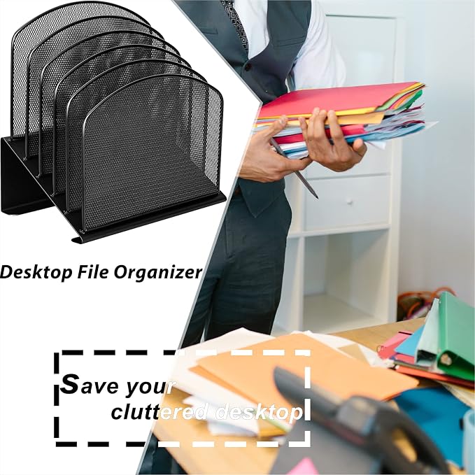 Desktop File Organizers 2 Pack Inclined Document Holders 5 Section Office Supplies Mesh Vertical File Sorters Metal File Storages (2) - Image 6