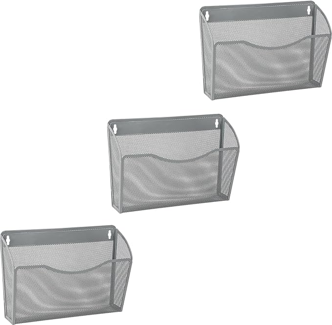 3 Single Pocket Mesh Hanging File Organizer, Vertical Wall Mounted Magazine File Holder, Mount Basket Mail Paper Document Folder Organizing for Office, Home and School, Gray by EASEPRES