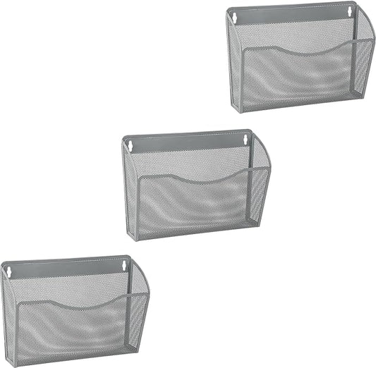 3 Single Pocket Mesh Hanging File Organizer, Vertical Wall Mounted Magazine File Holder, Mount Basket Mail Paper Document Folder Organizing for Office, Home and School, Gray by EASEPRES
