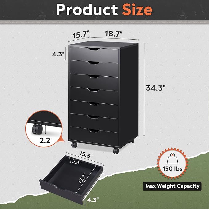 DEVAISE 7-Drawer Office File Cabinets, Mobile Craft Storage Cabinet, Black | Wood Drawer Unit, Storage Cabinet, Rolling Cart, Printer Stand, Filing Cabinet with Drawers - Image 3