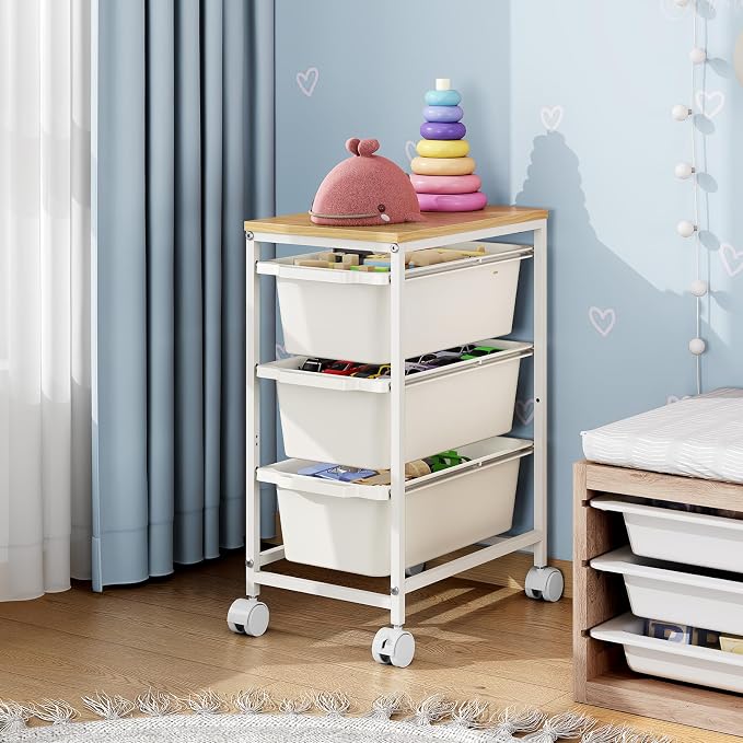 KINGBOARD Slim Rolling Cart with 3 Drawers, Metal Utility Storage Cart | Wooden Tabletop, Lockable Wheels, Under Desk Trolley for Bedroom, Children's Room and Office Organization, White - Image 9