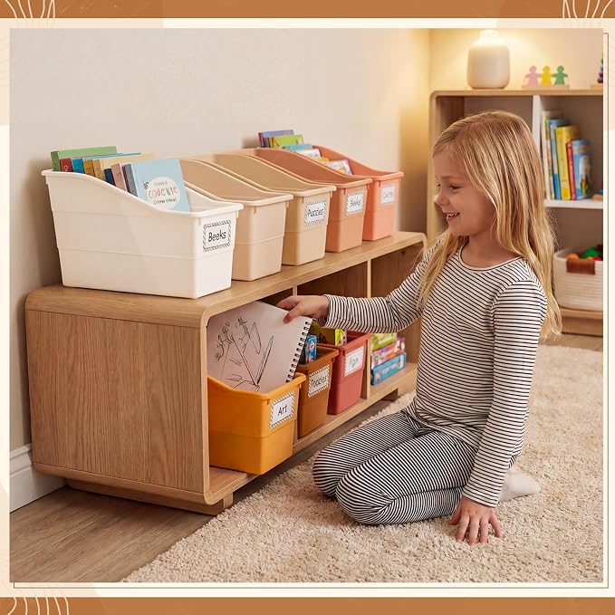 Blosssound 6 Set Book Bins for Classroom with Label Sticker Book Box Baskets Plastic Stackable Organizing Bins Storage & Organization for Classroom Library Home School Supplies (Earth Tones) - Image 5