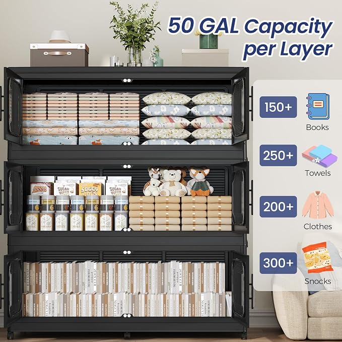 250Gal Exra Large Stackable Storage Bins with Lid, 1000QT Collapsible Storage Box with 6x Wheels, Folding Plastic Cabinet Container with Door Drawer for Home Kitchen Office Dorm, 5Pack Black - Image 3