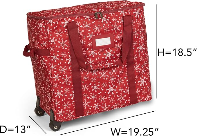 Covermates Keepsakes Rolling Adjustable Ornament Storage Bag – Heavy-Duty Polyester, FlexGrid Trays & Padded Dividers – Protective Holiday Organizer with Wheels, Handles & ID Window, Red Snowflake - Image 3