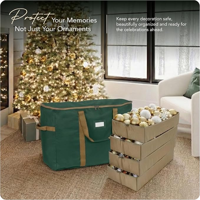 Covermates Keepsakes Adjustable Ornament Storage Bag – Heavy-Duty Polyester, Padded Dividers & FlexGrid Trays – Protective Holiday Ornament Organizer with Handles & Label Window, Green - Image 2