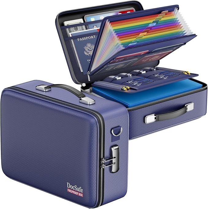 DocSafe Fireproof Document Box Hard Case with Lock ＆ Accordion File Folder | Fire and Water Resistant Safe Box,File Organizer,Multi-Pocket,Home Office Travel Storage for Important Document,Laptop,Blue by DocSafe