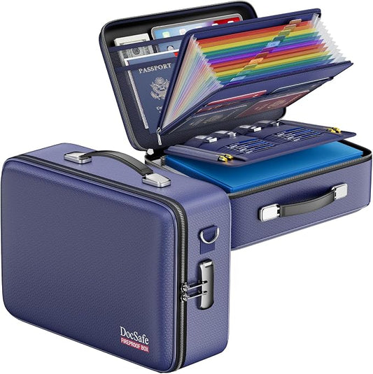 DocSafe Fireproof Document Box Hard Case with Lock ＆ Accordion File Folder | Fire and Water Resistant Safe Box,File Organizer,Multi-Pocket,Home Office Travel Storage for Important Document,Laptop,Blue by DocSafe