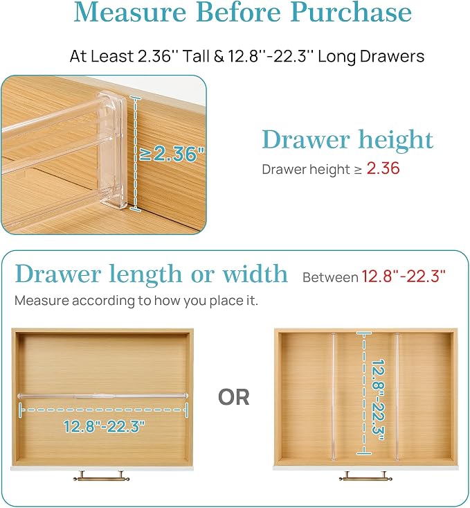 Vtopmart 2.36" Drawer Dividers with Expandable Inserts, 12.8"-22.3", 6 Pack | Adjustable Kitchen Drawer Organizer, Clear Organizer Separator for Flatware, Utensil, Cutlery, 6 Dividers with 10 Inserts - Image 3