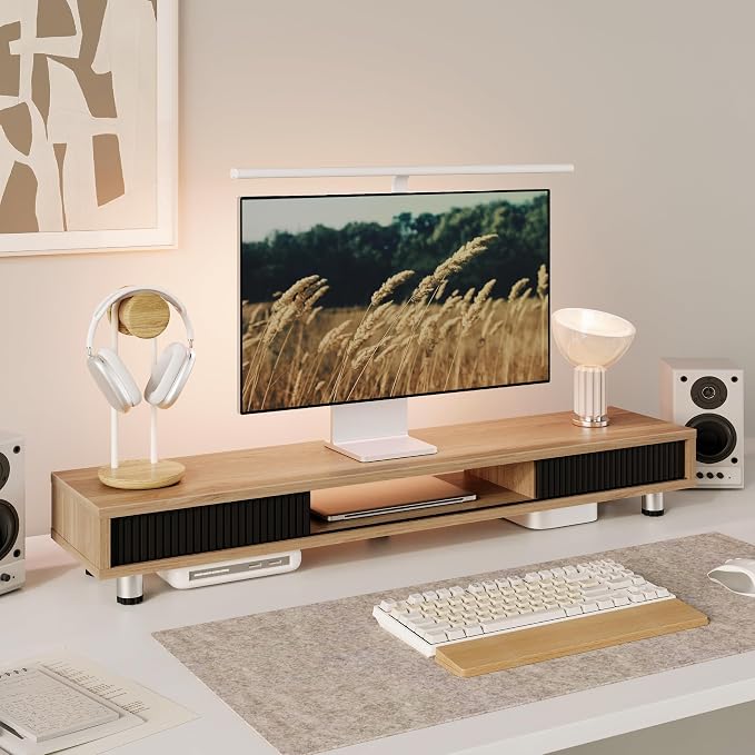 Fenge Dual Monitor Stand with Storage, Desk Shelf with Glass Sliding Door | Ergonomic Height Adjustment, 42.5in Monitor Shelf, 2-Tier Monitor Riser, Desk Organizer for Screen, PC, Laptop, Dark Oak - Image 2