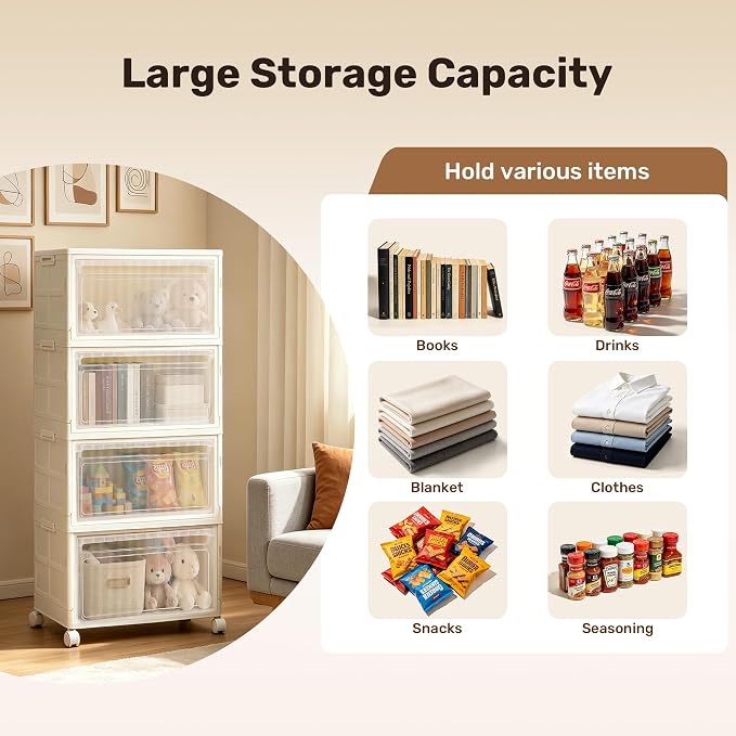 4 Tier Stackable Storage Bins with Lid and Wheels, 32QT Closet Organizers | Plastic Storage Containers with Doors, 4-Pack Collapsible Organizer Box for Bedroom Dorm Office and Garage - Image 4