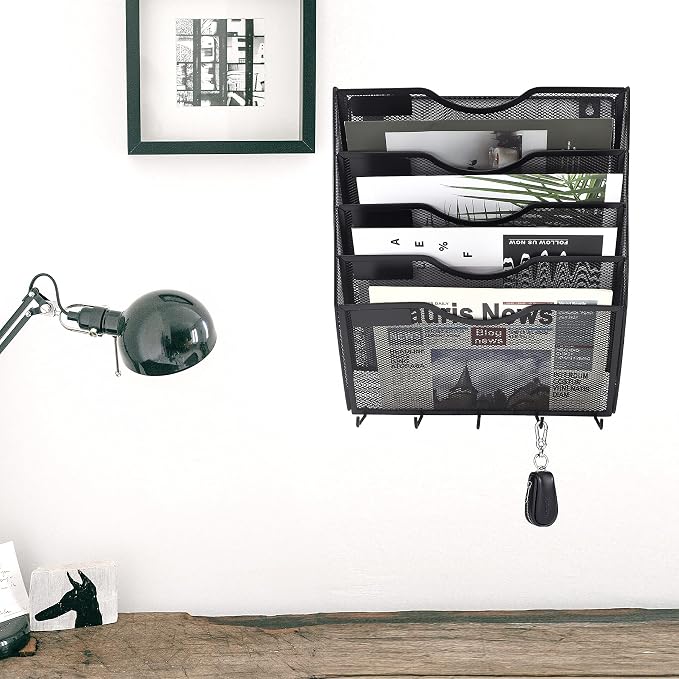 5 Pocket Mesh Hanging File Organizer with Key Holder Hooks & Nametag Label, Wall Mounted Mail Paper Document Folder Storage Organization Magazine Rack for Office Cubicle, 5 Tier Black - Image 2