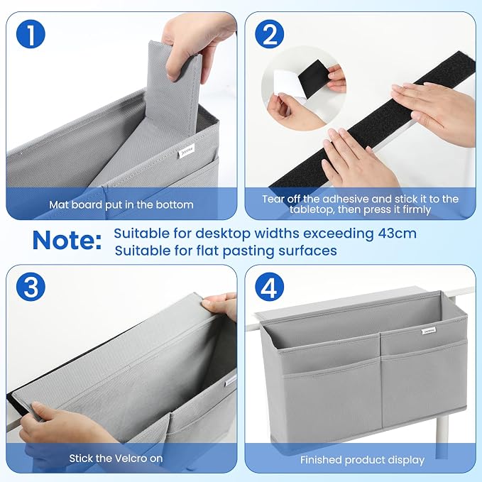 2 Pack Desk Side Hanging Organizer, Adhesive Storage Bag with Pockets for Magazine Ipad Notebook, for End Tables Home Office Desks Computer Workstations Dressing Table, Grey - Image 3